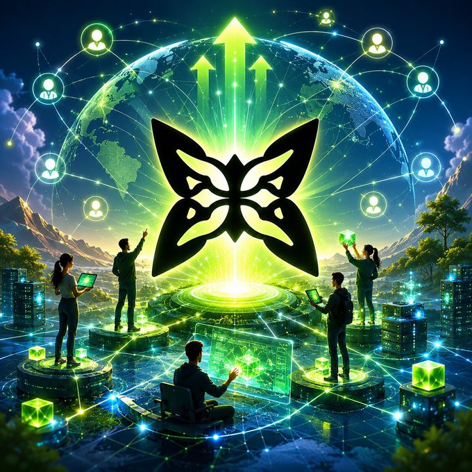 Digital artwork featuring a black butterfly logo over a glowing green globe, surrounded by people with devices and upward arrows symbolizing growth and connectivity.