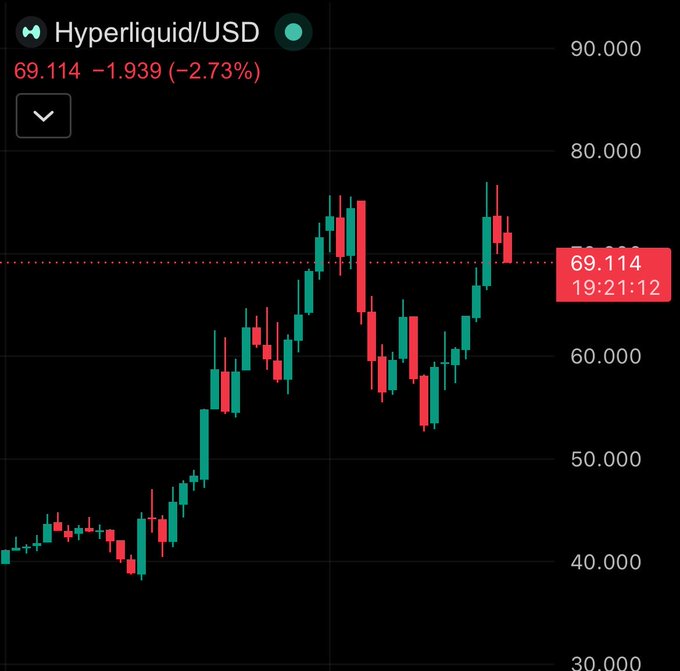In this image, there's a stock chart for Hyper Liquid trading, which tracks the price movement of Bitcoin over time. The chart shows various data points related to the Bitcoin price fluctuations, with symbols visible at different positions on the screen. Additionally, there is a number in red next to the Bitcoin symbol, possibly representing some specific data point or information about the current price level. This detailed chart helps visualize and understand the trends of Bitcoin's value over time.