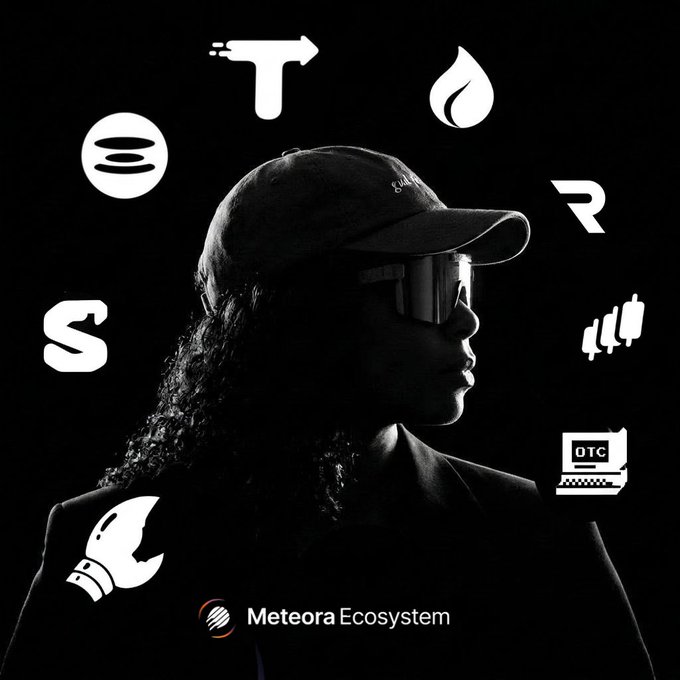 A dark, stylized promotional image features a person in a cap and futuristic visor in profile, surrounded by cryptocurrency and finance-related icons, with the text 'Meteora Ecosystem' at the bottom.