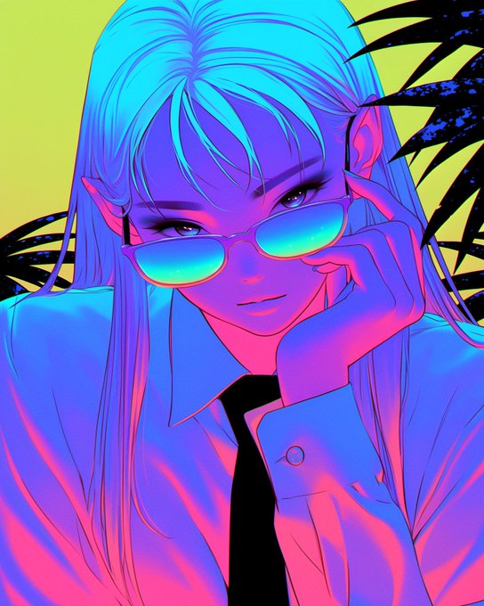 A vibrant anime-style illustration features a character with long blue hair and glowing green sunglasses, lit with neon pink and blue tones against a bright yellow background.