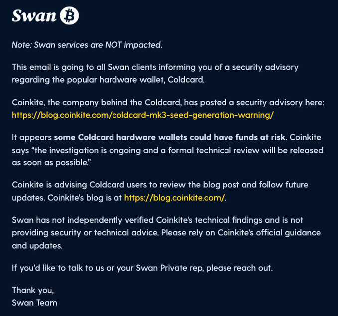 An email from Swan Bitcoin (with a Bitcoin logo) notifying clients that Swan services are not impacted by a security advisory regarding the Coldcard MK3 hardware wallet, referencing Coinkite's blog post and directing users to Coinkite for official guidance.