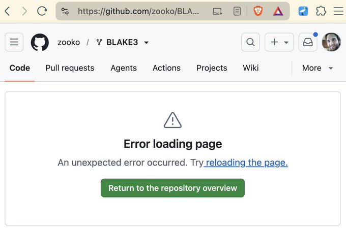 A GitHub error page for the zooko/BLAKE3 repository displaying 'Error loading page — An unexpected error occurred' with a button to return to the repository overview.