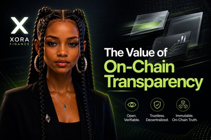The image is a promotional graphic for "XORA Finance" featuring a woman with braided hair alongside the headline "The Value of On-Chain Transparency," highlighting three key benefits: "Open. Verifiable.," "Trustless. Decentralized.," and "Immutable. On-Chain Truth." It visually reinforces the post's message about blockchain transparency by emphasizing the verifiable and decentralized nature of on-chain transactions like those on the XRP Ledger.
