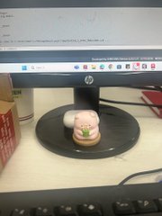 An HP monitor displays a webpage with a small pink figurine sitting on the base below the screen.