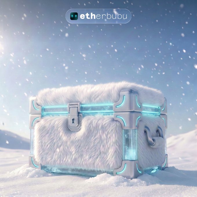 The image features a fluffy white treasure chest with glowing cyan accents resting in a snowy landscape, with the "etherbubu" logo at the top. This visually represents the "Common Chests" distribution mentioned in the post, which were given out to community members, with rarer chests coming next for NFT holders and special event participants.