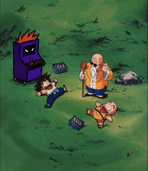An anime-style illustration showing a bald man in an orange robe holding a wooden staff, smiling as two small children (Gohan and Krillin) laugh on the grass near a purple arcade cabinet with a demonic face design.