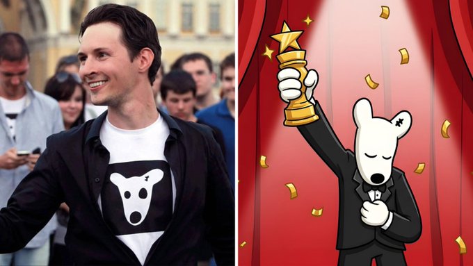 The image features two different scenes with a man wearing a black shirt holding up a trophy, possibly a gold one, while standing next to a red curtain or stage. The scene also includes a cartoon depiction of Spotty the dog holding a golden trophy in his paws and smiling at the camera. Both images are related to the post "How dogs became the #1 token" by the team that created the character Spotty the dog for a charity auction, which was based on the character Spotty the dog drawing for a charity auction. The man in the image is likely celebrating their success or acknowledging Spotty's achievement.