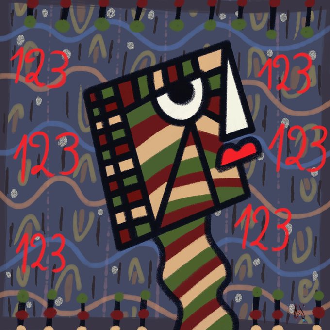 Colorful abstract painting depicting a stylized face with a triangular nose and a red heart, surrounded by repeated red '123' text and decorative patterns.