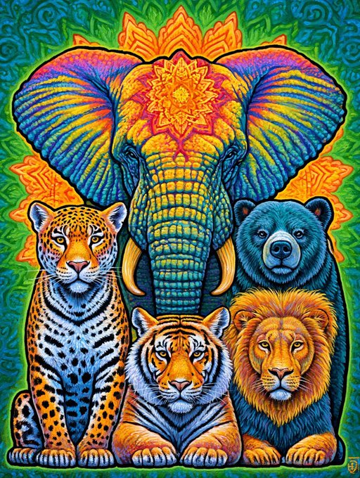 A vibrant, colorful illustration depicting an elephant, leopard, bear, tiger, and lion arranged together against a decorative patterned background.