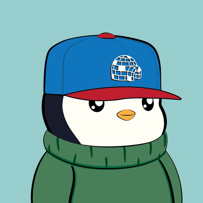 A cartoon penguin character wearing a blue and red baseball cap and a green sweater on a teal background.