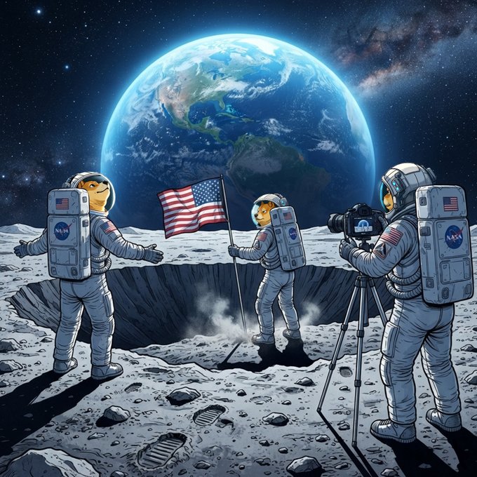 A digital illustration depicting three NASA astronauts on a lunar surface planting an American flag, with a large view of Earth and the Milky Way galaxy in the background.