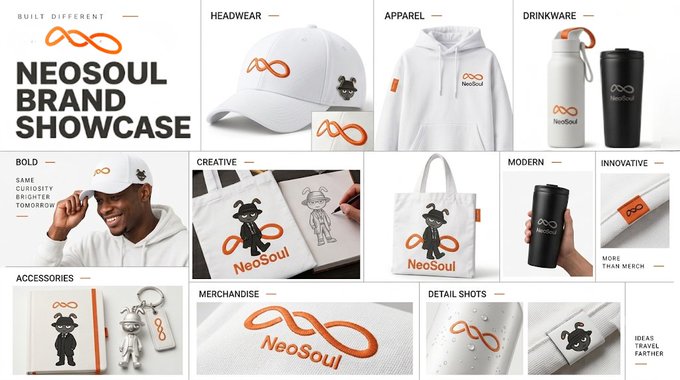 NeoSoul Brand Showcase featuring headwear, apparel, drinkware, and accessories with orange infinity-style logos and a black cat mascot.