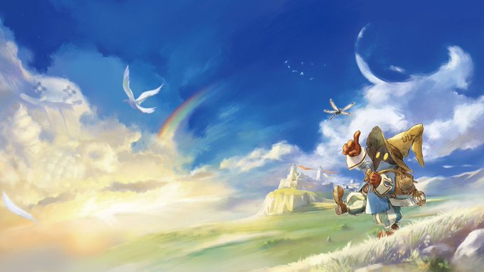 A fantasy digital painting featuring a small hooded character running across a grassy field, pointing toward a rainbow, with birds flying in a bright blue sky.