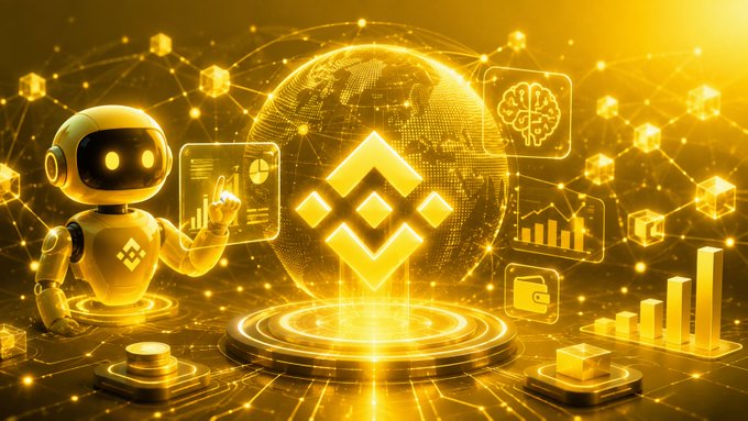 The image features Binance's logo prominently displayed at the center of a glowing golden globe, surrounded by AI-related icons including a brain, charts, and a wallet, along with a friendly robot character. It visually reinforces the post's theme of Binance integrating AI capabilities with Web3 and blockchain technology to analyze transactions and extract valuable insights.