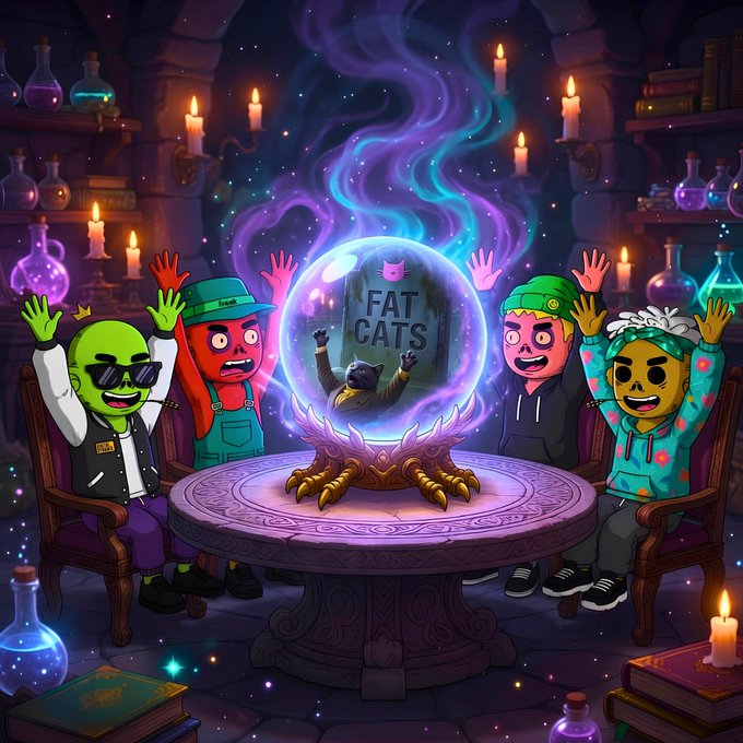 Four animated characters excitedly gather around a mystical crystal ball in a candlelit chamber, revealing the text "FAT CATS" alongside a cat figure—visually symbolizing the team's relentless, wizard-like dedication to building on @FlareNetworks every single day.