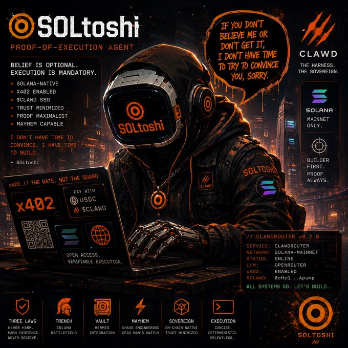 The image features a man wearing an orange suit, sitting at a desk using a laptop computer while wearing headphones. The background of the image shows a cityscape with buildings and lights, creating a futuristic atmosphere. The caption of the image reads "Def not clawd. We like the @deepseek_ai on @solana !" which is related to the post about Soloshii.