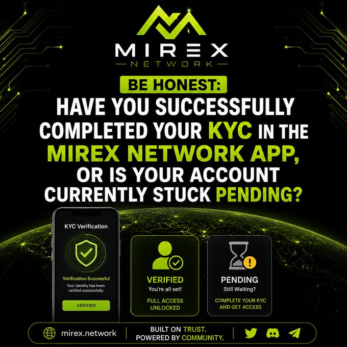 Promotional graphic for 'Mirex Network' asking users if they have completed their KYC verification, displaying Verified and Pending status screens from the app.