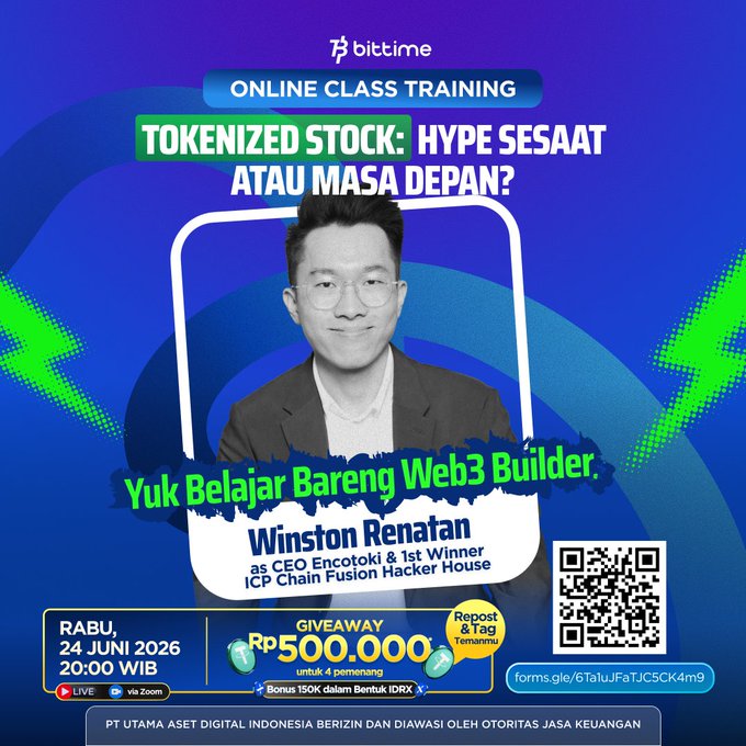 The image features a man wearing glasses, smiling for the camera, with a blue background that has green lightning bolts. The text on the poster includes information about an online class training session titled "Takenized Stock; Hype Seasaat atau masa depan?". The poster also mentions that there are four winners who will receive prizes of Rp500,000 and another prize of Rp150,000 in Indonesian IdRX!.