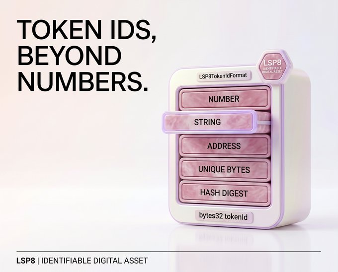 An infographic titled "TOKEN IDS, BEYOND NUMBERS." showcases the LSP8TokenIdFormat standard (labeled "LSP8 | IDENTIFIABLE DIGITAL ASSET") with a device displaying five format options for bytes32 tokenIds: NUMBER, STRING (highlighted), ADDRESS, UNIQUE BYTES, and HASH DIGEST, illustrating how LSP8 token identifiers can encode more than just numeric values.