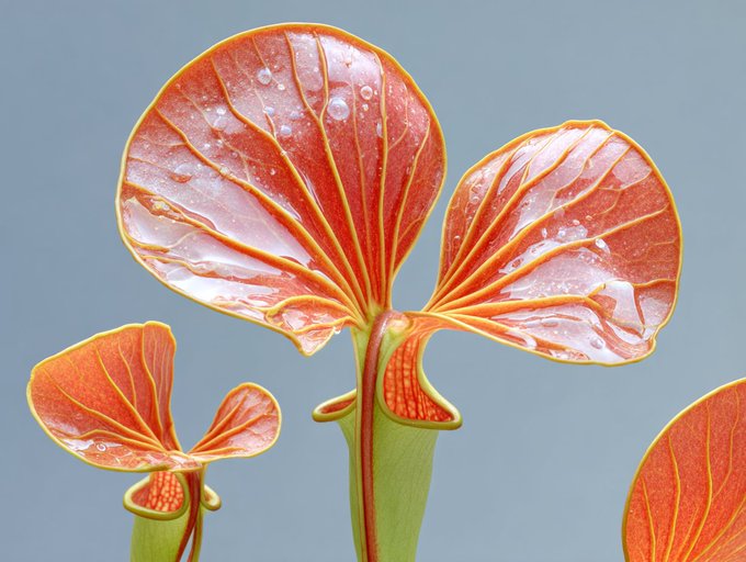 A close-up artistic rendering of Venus flytrap plants with translucent, reddish-orange leaves covered in water droplets against a soft blue background.