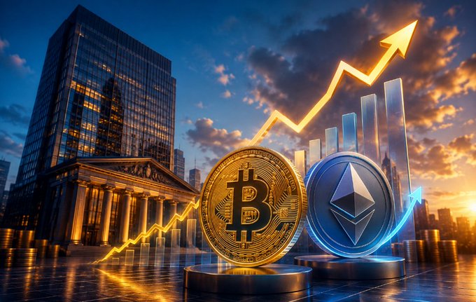 A digital illustration depicting a city skyline at sunset with Bitcoin and Ethereum coins in the foreground, an upward-trending arrow, and glowing bar charts suggesting cryptocurrency market growth.