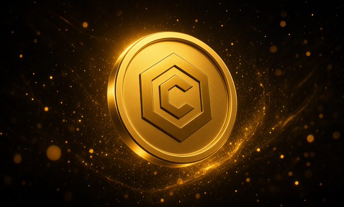 A glowing golden coin featuring the Cronos ($CRO) logo floats amid sparkling particles on a dark background, visually representing the crypto's premium status. The image aligns with the post, which celebrates Cronos and invites predictions about $CRO's price recovery.