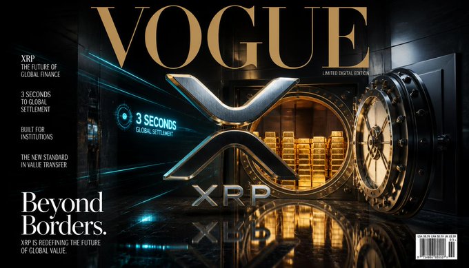 Vogue magazine cover featuring XRP cryptocurrency with text 'Beyond Borders' and 'XRP - The Future of Global Finance', highlighting 3-second global settlement and institutional features.