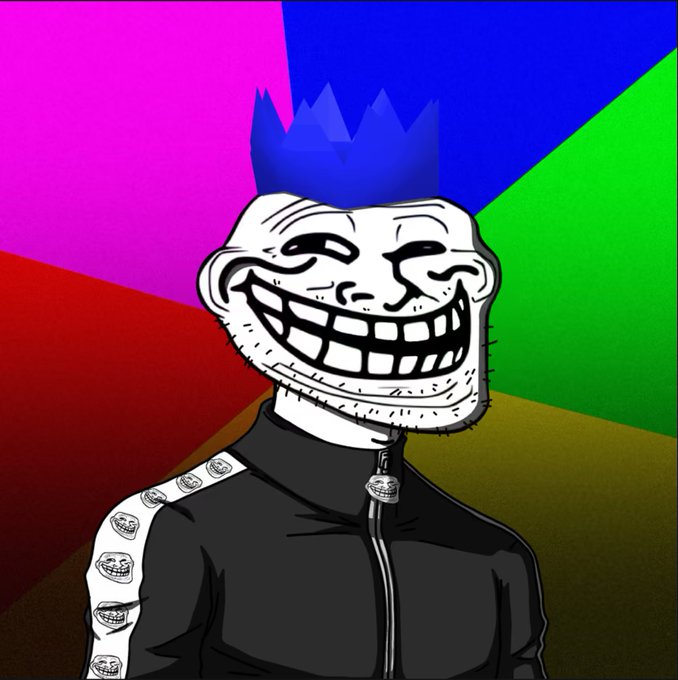 A cartoon "Trollface" meme wearing a blue crown and a black track jacket with small troll head logos down the sleeve is set against a colorful segmented background of magenta, blue, green, red, and olive wedges. The image ties into the post by visually embodying the $TROLL NFT collection being teased, using the iconic troll face as the collection's mascot.