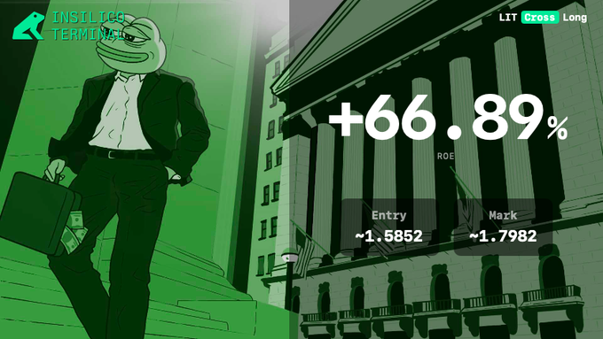 The image displays a triumphant Pepe the Frog character in a business suit holding a money bag against a green-tinted backdrop featuring classical columns, overlaid with trading results showing "+66.89% ROE" on a LIT Cross Long position with an Entry of ~1.5852 and Mark of ~1.7982, visually celebrating the profitable long trade shared in the Discord.