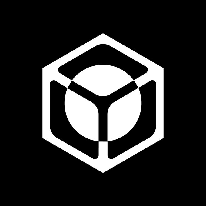 A black and white geometric logo featuring a hexagon with an inner cube/circle design.