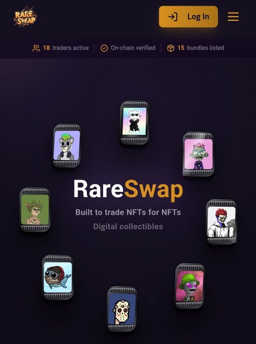 The image shows a website called "RareSwap" that has been updated with new features for mobile users. The main focus of the image is an advertisement for NFT trading, which highlights the improved user experience and ease of use on the app. The text in the image reads " RareSwap mobile just got a major upgrade. The new mobile experience is faster, cleaner, and built to make NFT trading on Hedera easier than ever." This suggests that the app has been updated with better features for mobile users, making it more convenient and user-friendly.