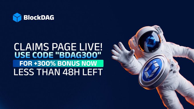 A BlockDAG promotional graphic featuring an astronaut holding a BDAG coin, with text announcing "CLAIMS PAGE LIVE! USE CODE 'BDAG300' FOR +300% BONUS NOW — LESS THAN 48H LEFT," matching the post's call-to-action for the BDAG300 discount code offering triple coin bonus.