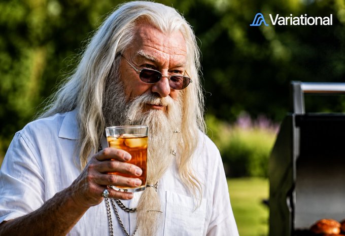 A wizard-like man sips a drink next to a grill, with the "Variational" logo visible, hinting at financial innovation. The imagery evokes a sense of powerful, perhaps magical, new offerings in financial markets, aligning with the post's announcement of Variational's dual-stock tickers for $NVDA with fixed and floating rates.