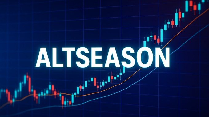 A stock chart graphic with the text 'ALTSEASON' overlaid on an upward-trending candlestick pattern, indicating a cryptocurrency altcoin rally.
