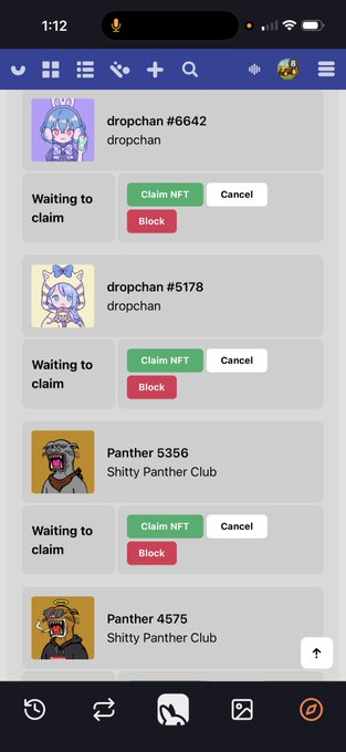 The image shows a mobile app interface displaying a queue of NFTs awaiting to be claimed, including "dropchan #6642," "dropchan #5178," "Panther 5356," and "Panther 4575" from the Shitty Panther Club collection, each with options to "Claim NFT," "Cancel," or "Block." This relates to the post by highlighting how drops from real communities like dropchan and Shitty Panther Club are being distributed and claimed by members who support the ledger-based NFT ecosystem.
