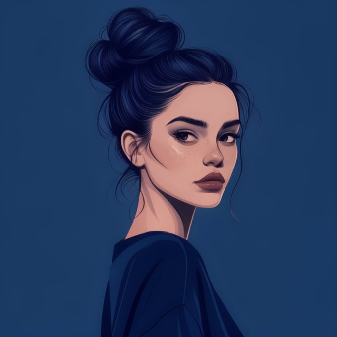A digital illustration of a woman with a dark hair bun, freckles, and deep red lips, set against a deep blue background, complements the "Dark Charm" theme of the morning web3 NFT post on @objktcom. The moody, monochromatic palette of the portrait echoes the "Dark Charm" title and its 1/1 NFT designation.