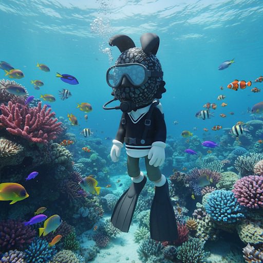 A 3D-rendered character wearing a Mickey Mouse-style black outfit and diving mask stands among colorful fish and coral reefs underwater.
