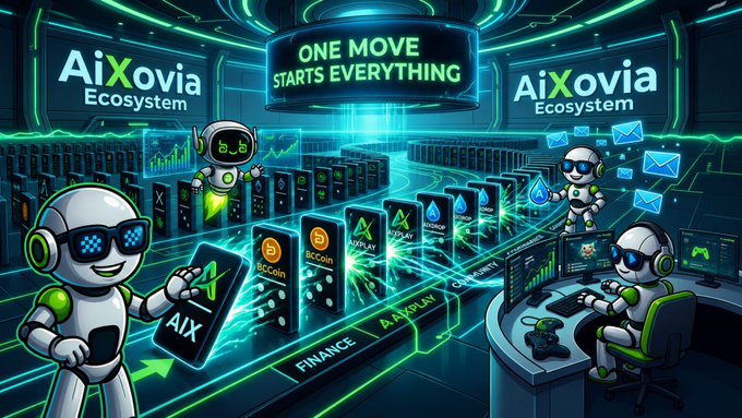 A futuristic tech advertisement showing an 'AiXovia Ecosystem' with cartoon robots in a neon-lit server room, featuring the tagline 'ONE MOVE STARTS EVERYTHING' and various crypto coin logos like AiX, AiCoin, and AiXPLAY.