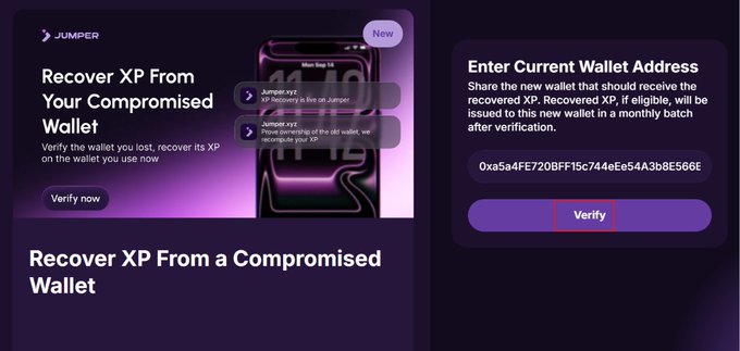The image displays Jumper's "Recover XP From Your Compromised Wallet" page, featuring a purple-themed interface with instructions to verify a wallet and an example wallet address (0xa5a4FE720BFF15c744eEe54A3b8E566E...) entered into the verification field. This directly corresponds to the post announcing that Jumper XP Recovery is now live for users who had to move to new wallets due to compromise.