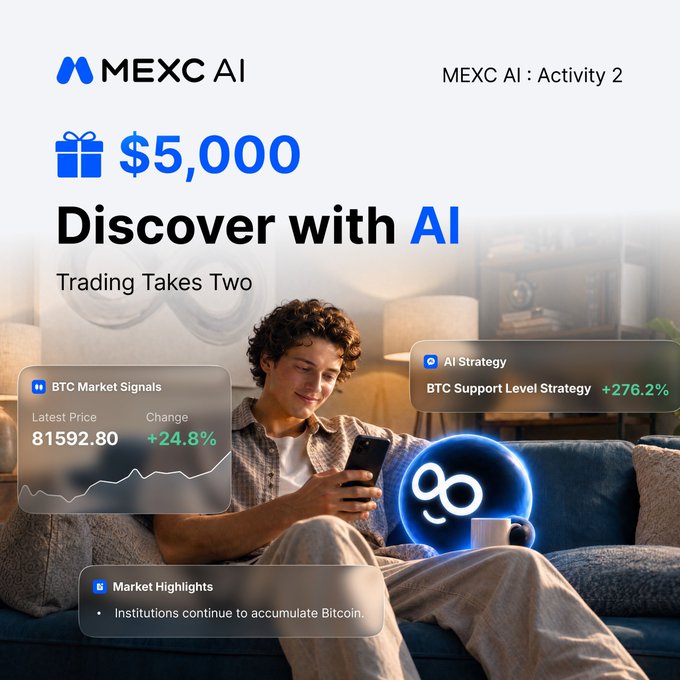 A promotional graphic for 'MEXC AI' advertising '$5,000 Discover with AI Trading Takes Two', featuring a young man on a couch looking at his phone alongside displays of BTC market signals and AI strategy performance.
