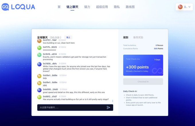 The screenshot shows the Loqua (LCQUA) "Chain-up Chat" page displaying a global chat box with 56,008 online users discussing Sui blockchain topics, alongside a check-in rewards panel offering +300 points for 1-day daily check-ins. The interface, featuring 0x addresses and messages referencing Sui validators and storage validators, aligns with the post's promotion of LoquaApp as an early opportunity on the Sui chain.