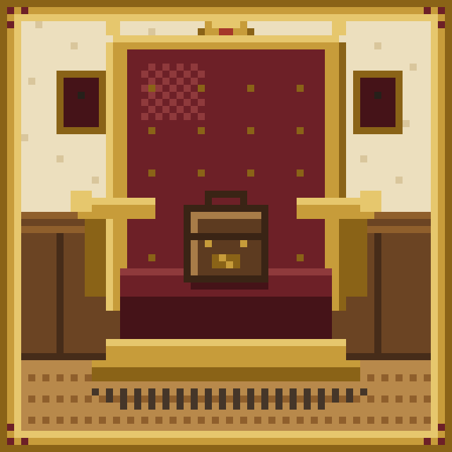 A pixel art depiction of a courtroom or grand hall featuring a central podium or witness stand with a smiling face design, set against a red backdrop with gold accents.