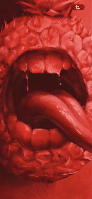 Close-up red-tinted image showing a grotesque monstrous mouth with sharp teeth and a protruding tongue, featuring a small "+" icon in the upper right corner.