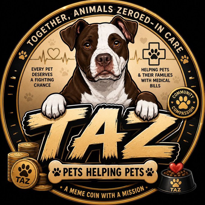 The image is a promotional graphic for "TAZ," a meme coin with a mission, featuring a pitbull mascot holding a sign that reads "TAZ - PETS HELPING PETS" with the tagline "Together, Animals Zeroed-In Care," emphasizing its charitable mission to help pets and families with veterinary bills, and can be found via the contract address "gy3zR8ukM1eSdDjTis9Aa4V3mdqAcd73jSH49Yyfomo" on the FOMO APP.