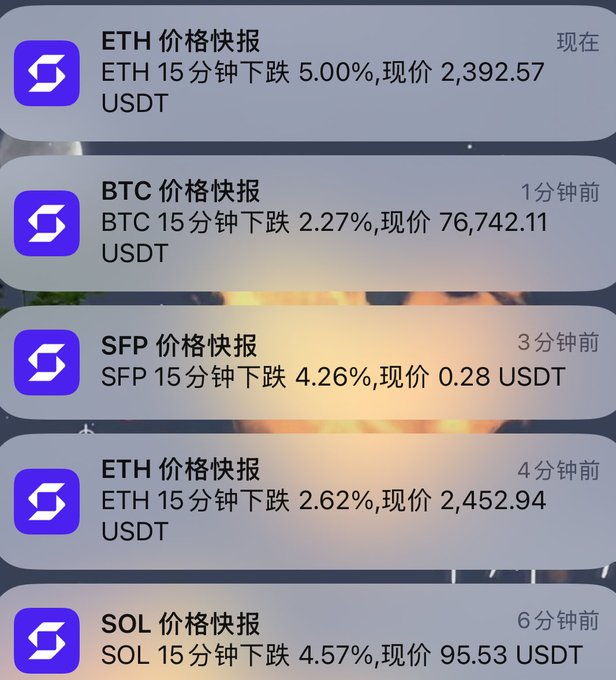 A mobile notification screen displays rapid-fire cryptocurrency price drops, with ETH falling 5.00% to $2,392.57, BTC down 2.27% to $76,742.11, SFP dropping 4.26%, ETH down 2.62%, and SOL falling 4.57% to $95.53—all within a 6-minute window, illustrating the sudden market-wide flash crash referenced in the post.