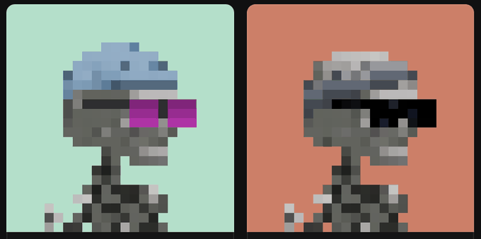 Two side-by-side pixel-art portraits of skeletons wearing helmets and sunglasses (one pair magenta, one pair black).