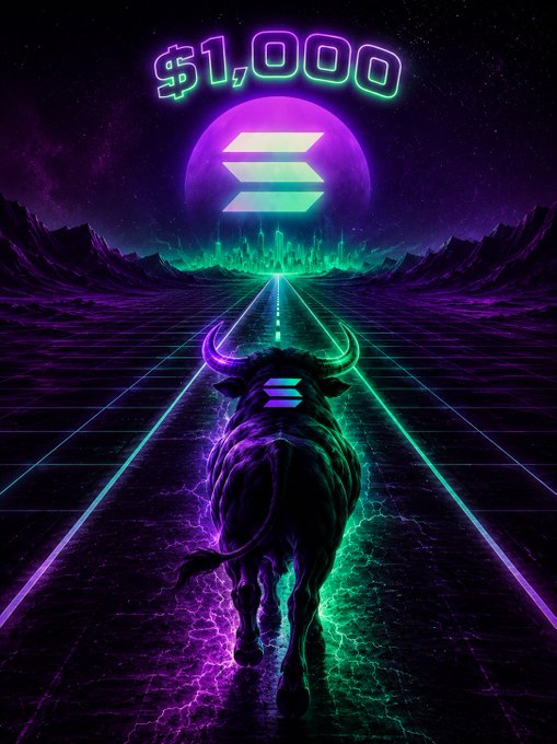 A bullish Solana-themed digital artwork depicts a glowing neon bull charging down a synthwave-style highway toward the Solana logo and "$1,000" text under a purple moon, visually reinforcing the post's prediction of $SOL reaching $1,000 and $CURB hitting $0.10 in a massive rally.
