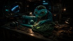 A dark, atmospheric illustration depicts an alien or fish-like creature sitting at a control console or ship's helm in a dimly lit sci-fi setting.