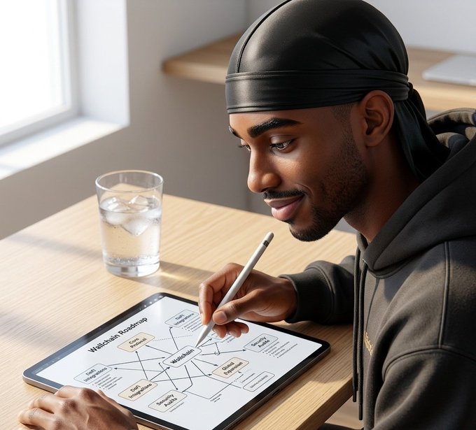 A man wearing a black headband sits at a table with his laptop open in front of him as he works on a project. He holds a pen or stylus over an open document, likely working on a spreadsheet or graph that displays information about followers, likes, engagement rate, and other digital marketing metrics. The image also includes text stating that "Focus on what is in the image and how it relates to the post" which emphasizes the idea of looking at the content within the frame.