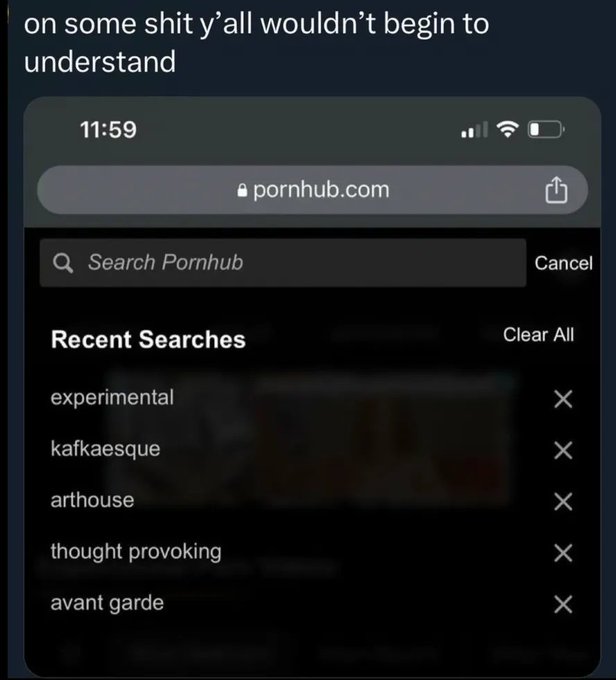 A humorous screenshot of a phone showing pornhub.com recent searches including 'experimental', 'kafkaesque', 'arthouse', 'thought provoking', and 'avant garde', with the caption 'on some shit y'all wouldn't begin to understand'.